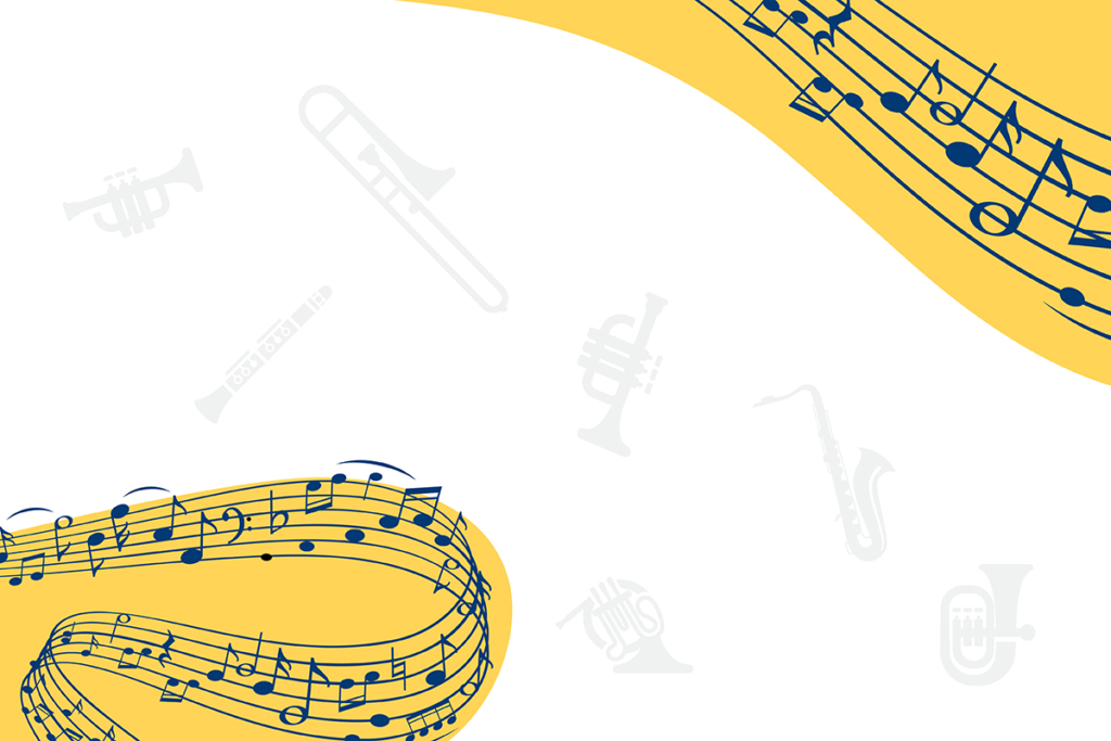 music notes on yellow background and musical instruments on white background