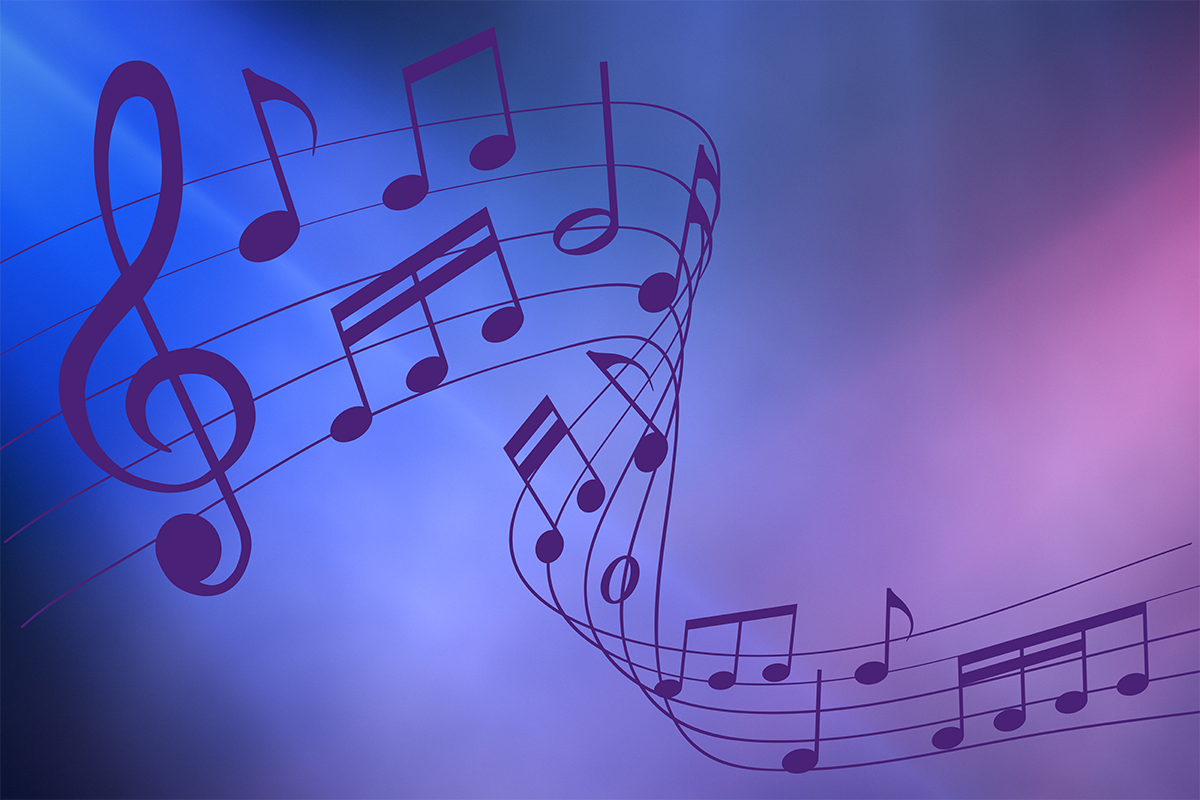 Velvet Voices Treble Choir blue and purple background with music notes